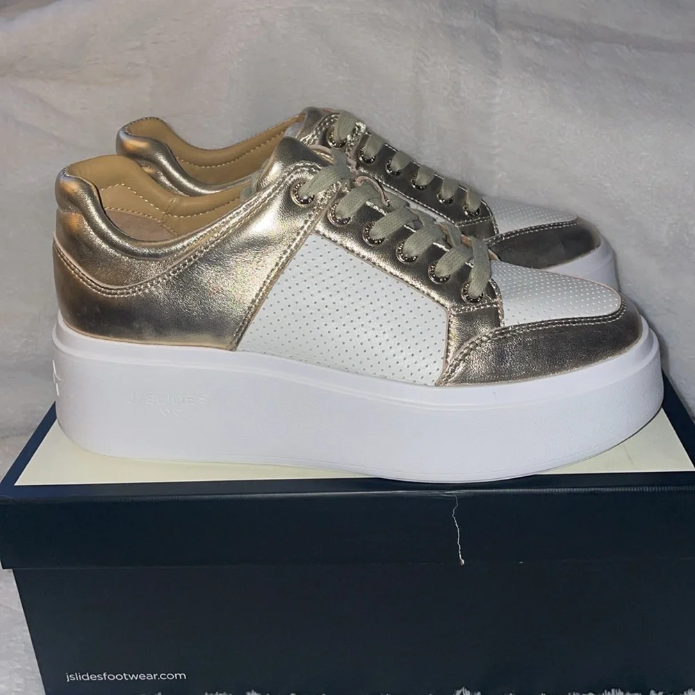 NWT J/SLIDES HARLOWE White/Light Gold Leather Sneaker - Picture 8 of 15